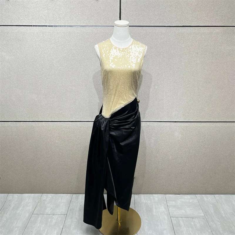 

Spring New Women's round Neck Sequin Splice Sleeveless Dress Y2K High Quality Fashion Elegant Asymmetrical Double Layered Gown