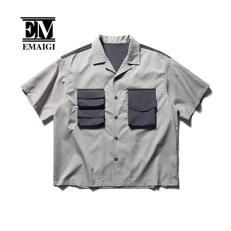 Men Cityboy Japanese Streetwear 3D Pocket Short Sleeve Loose Casual Outdoor Quick Dry Cargo Shirts Man Vintage Blouses