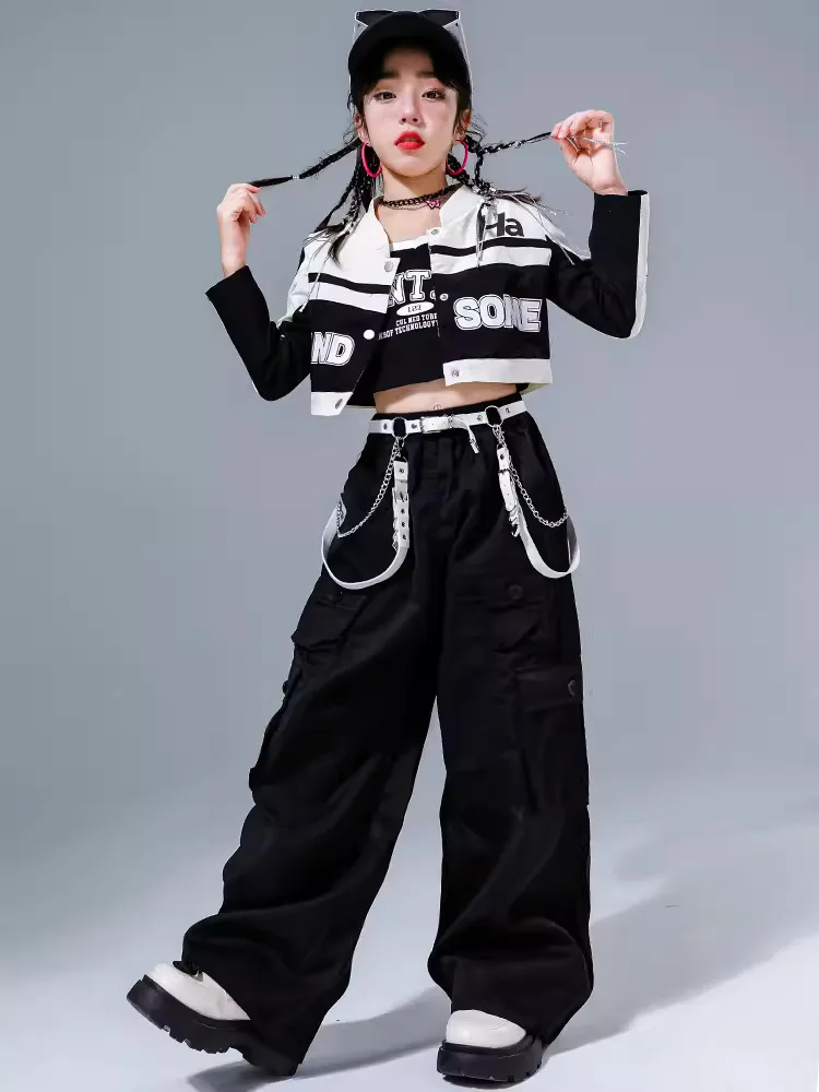 Kid Cool Hip Hop Clothing White Motorcycle Crop Shirt Jacket Top Black Casual Cargo Pants for Girls Jazz Dance Costumes Clothes