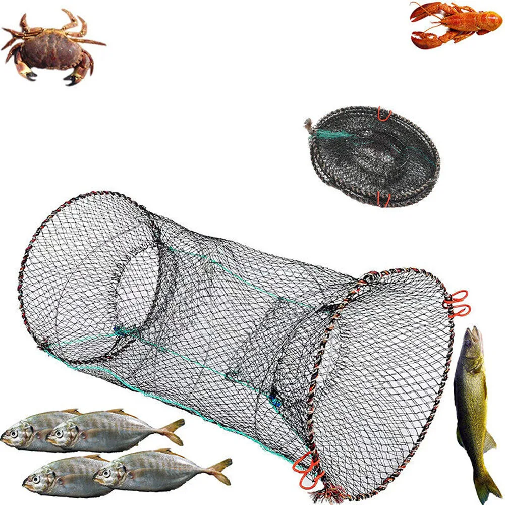 2 Holes Foldable Fishing Net Fish Carp Bait Cage Shrimp Basket Fish Crayfish Lobsters Catcher Tank Trap Mesh Network 30cm×60cm