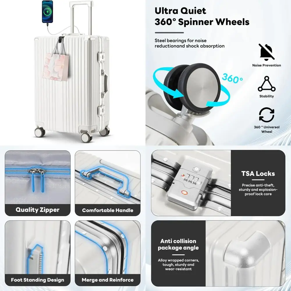 Maleta de mano ligera aprobada por TSA rígida de 20 pulgadas con puerto USB y portavasos para comodidad en viajes