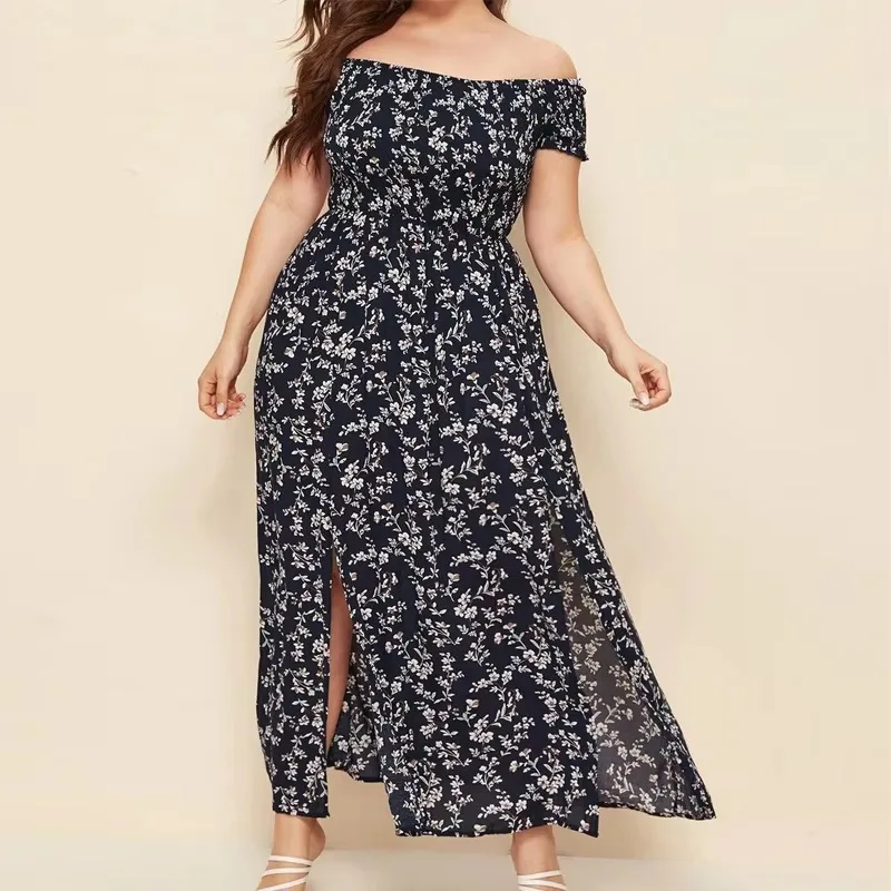 Summer Women's Boho Floral Print Off Shoulder Split Long A Line Dresses XXXL 4XL