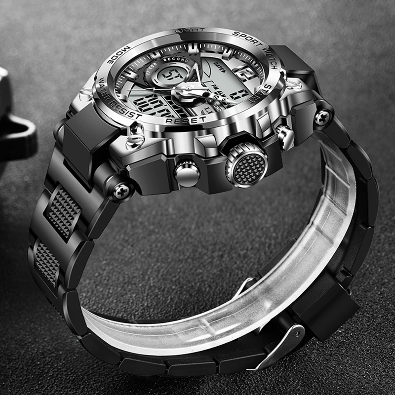 LIGE Dual Display Watch Men Fashion Business Silicone Sports Chronograph Man Wristwatch 50M Waterproof Alarm Quartz Chronograph