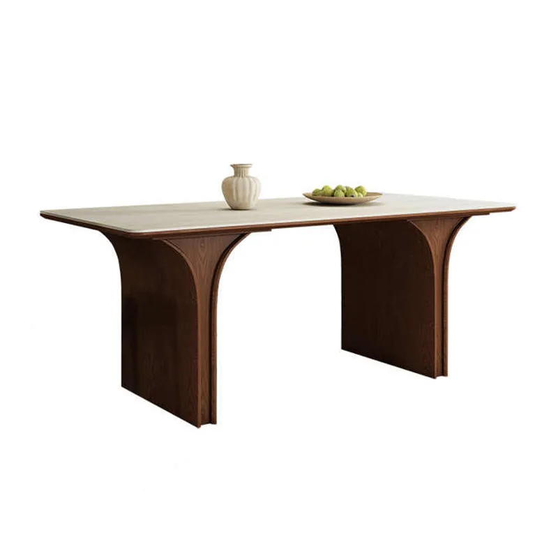 

French retro solid wood rectangular dining table and chairs small apartment home modern minimalist medieval travertine rock