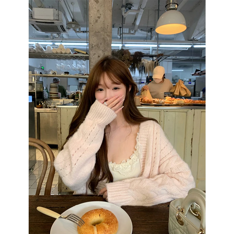 

Sweet Knitted Cardigan Women Kawaii Cute Pink Sweater Outerwears Harajuku Korean V Neck Knitwears Winter Fashion Loose Jumpers