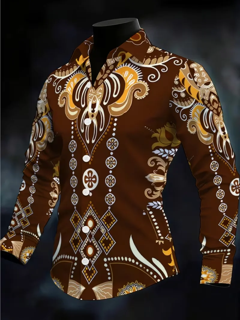 New Men's Ancient Egyptian Lotus Vintage Totem Layered Stripe Composite Printed Long Sleeve Shirt with Collar Top