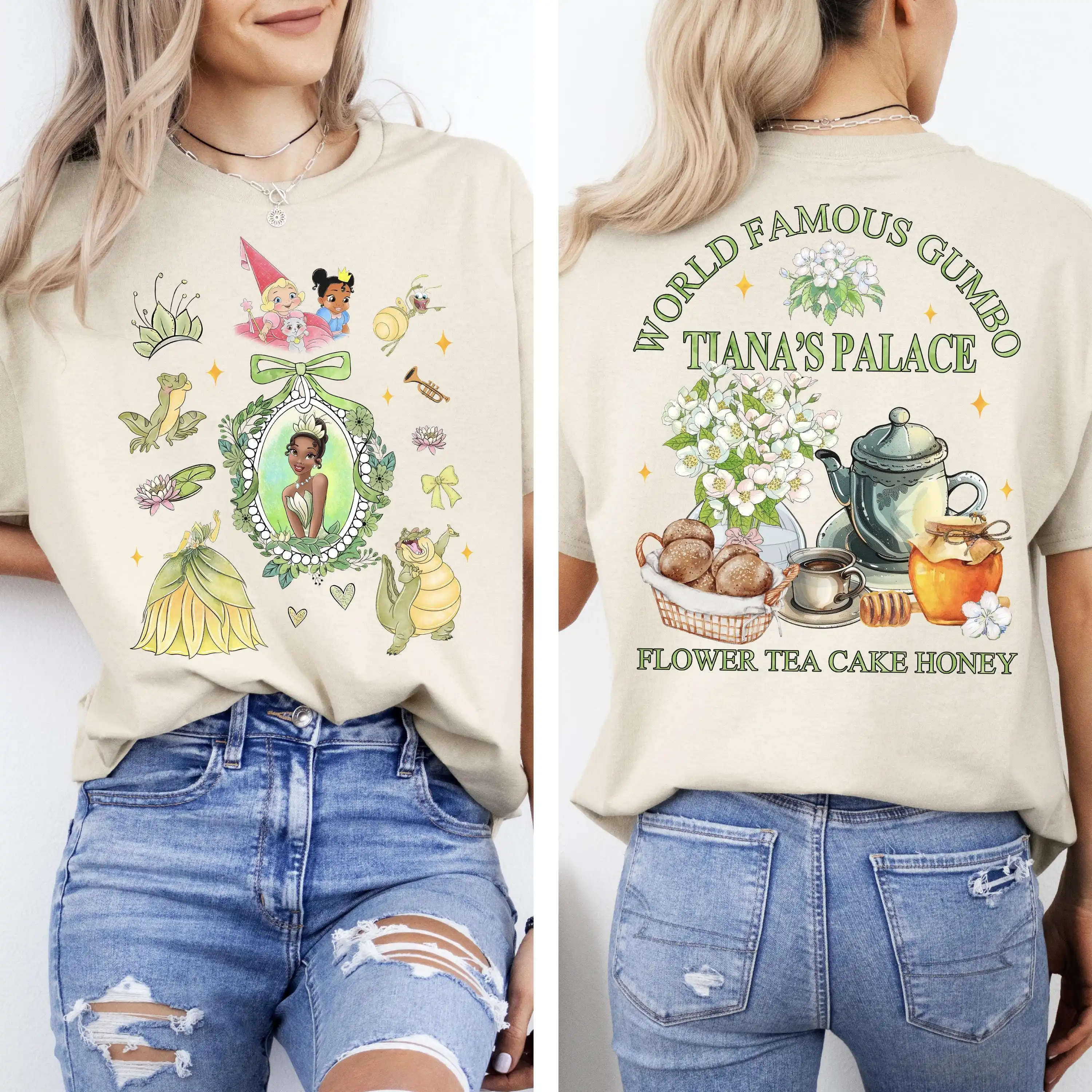 قميص قصر ديزني تيانا، قميص الأميرة والضفدع الأميرة تيانا فلاور Teacake العسل، قميص عطلة عائلية من ديزني لاند