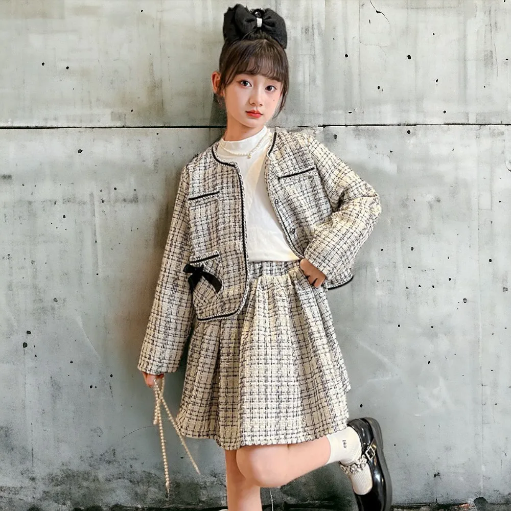 Girls Plaid Set Outfits Teenagers Kids Clothes Baby Suit School Blazer & Skirt Children Costumes Sets Spring 6 8 10 12 13 Years