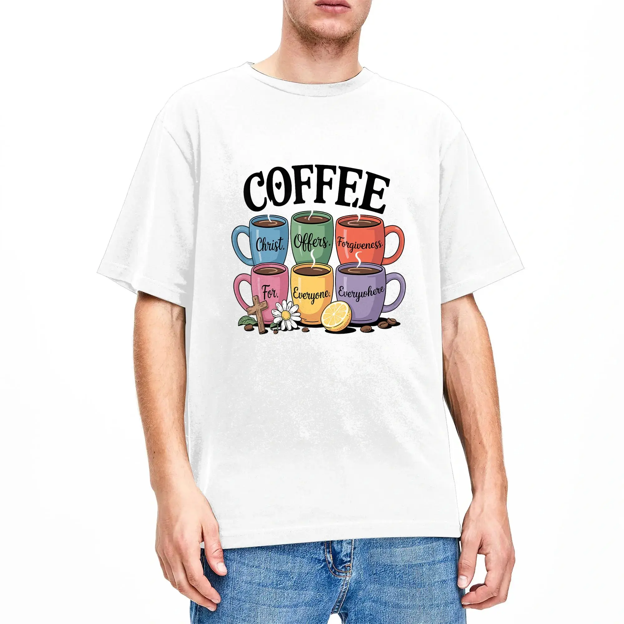 Hipster Christ Offers Forgiveness For Everyone Christian Coffee Cute T-Shirt for Men Round Neck 100 Cotton T Shirt  Short Sleeve