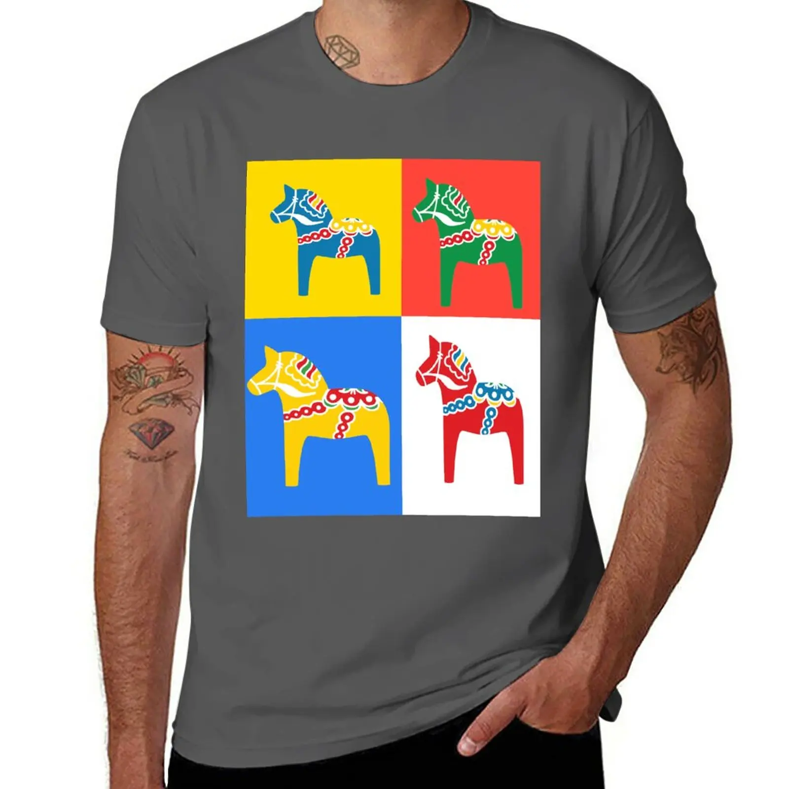 New Dala Horses Dalarna Squares Sweden Horse Dalecarlian Swedish Colorful Dala Host T-Shirt T-shirt short designer t shirt men