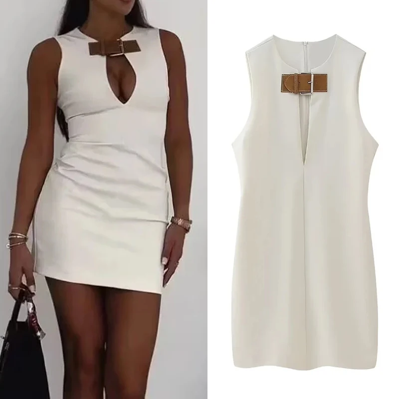 TRAF Sleeveless Mini Dress Woman Cut Out Off White Bodycon Dress Women Buckle Sexy Short Dresses 2024 Summer Party Dresses