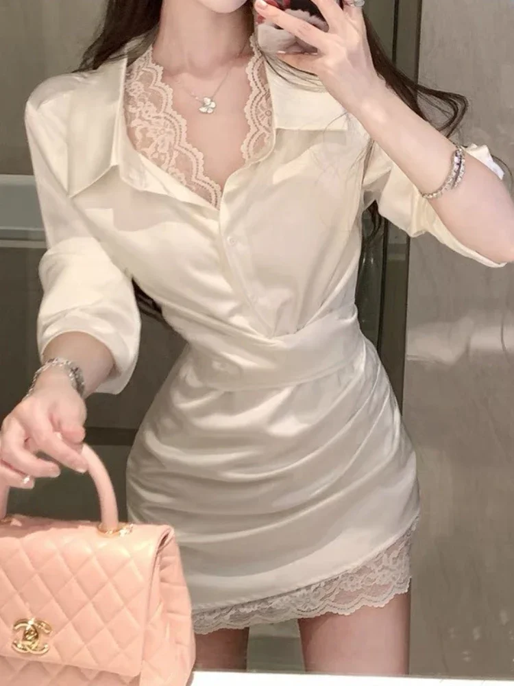 2026 New Spring Style Sexy Lace Shirt Short Skirt Satin Dress for Women KX96
