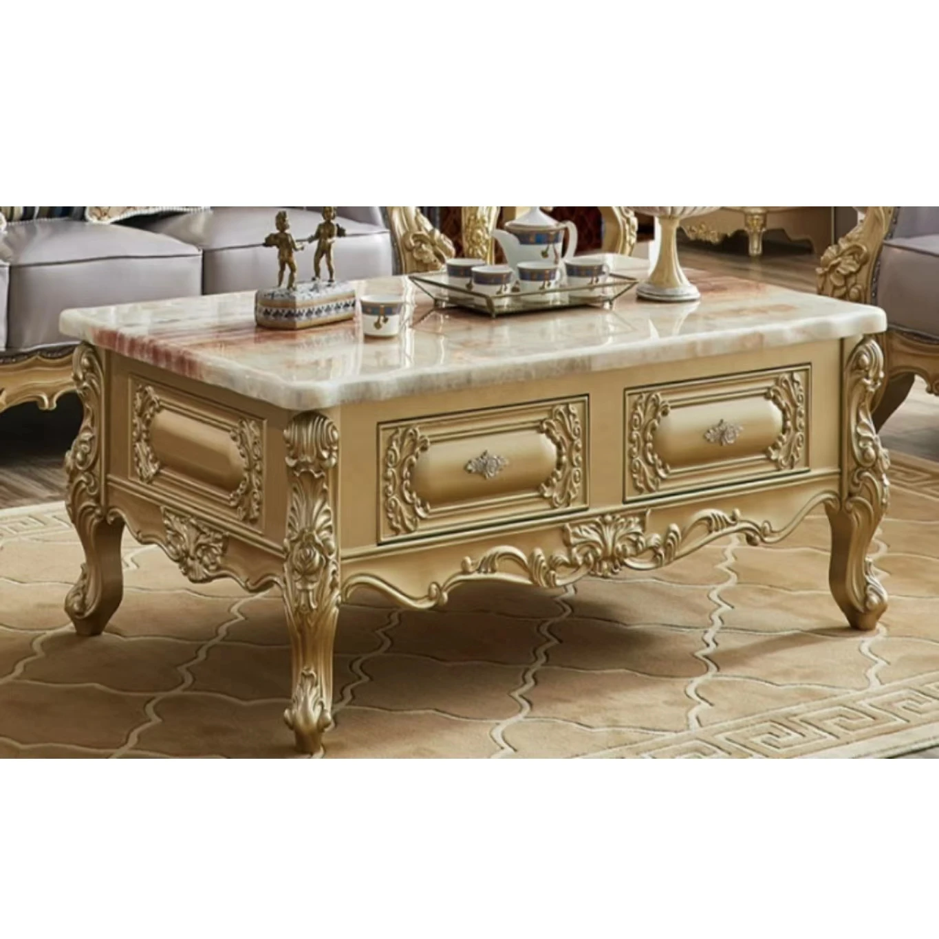 luxury Top Quality  Luxury European Classic Furniture soild wooden coffee table