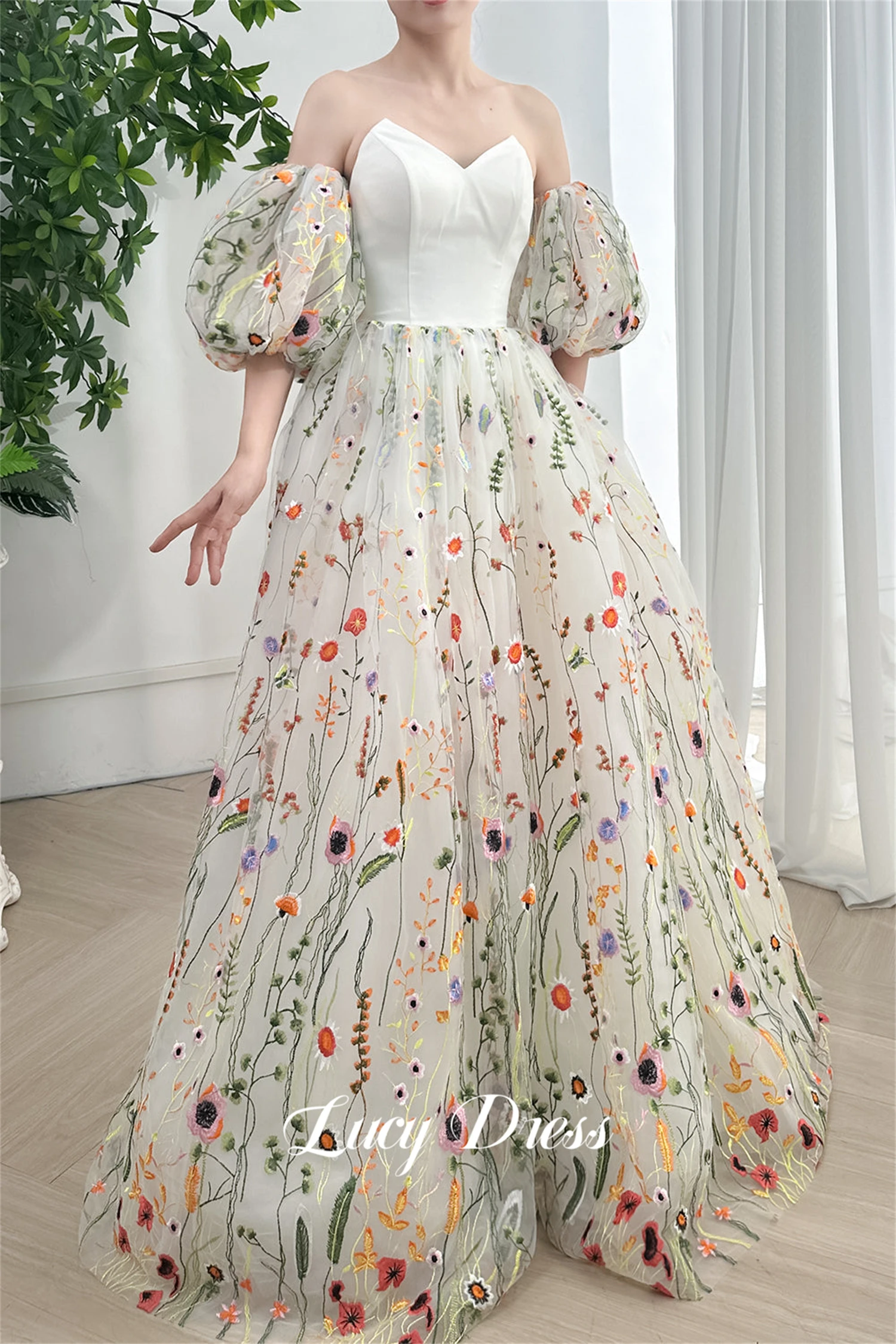 Lucy Line A Evening Dress Graduation Gown Wedding Party Puff Sleeves Floral Fabric Prom Dresses 2024 Elegant Woman Sharon Happy