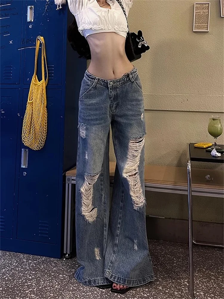 

Джинсы женские синие с эффектом потертости, с низкой посадкой, рваные, винтажные, с широкими штанинами, свободного прямого кроя, длиной в пол, из денима