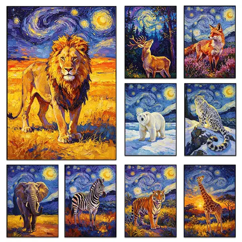 Van Gogh Starry Night Animals Canvas Wall Art Vintage Safari Wildlife  Poster Lion Tiger Wolf Print For Living Room Home Decor