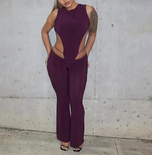 

Женский комплект из двух предметов. Осенне-зимний женский комбинезон с круглым вырезом и открытой спиной на талии и расклешенные брюки с высокой талией.