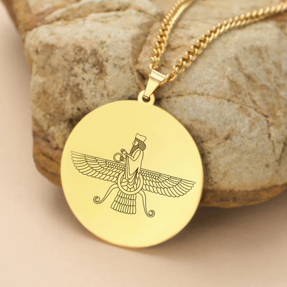 Iran Farvahar collier persan Zoroastrian Pendentif Ahura Mazda religieux bijoux iraniens Collier en acier inoxydable accessoires farvahar Produits iraniens bijoux farvahar en acier inoxydable articles iraniens