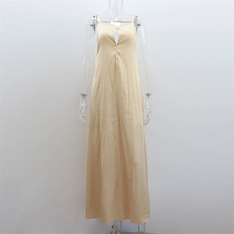 우아한 여성 솔리드 새틴 스카프 칼라 긴 드레스 패션 오 넥 민소매 가운 봄 여름 세련된 레이디 저녁 파티 가운