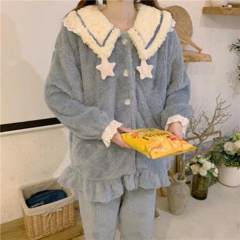 2024 New Coral Velvet Pajamas Women Autumn Winter Loungewear Plus Velvet Padded Sleepwear Cute Plush Doll Collar Homewear Suit