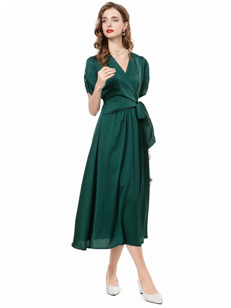 DLDENGHAN Vintage jurk met veters voor dames V-hals met korte mouwen Effen kleur Feestjurken Mode Zomer Dames