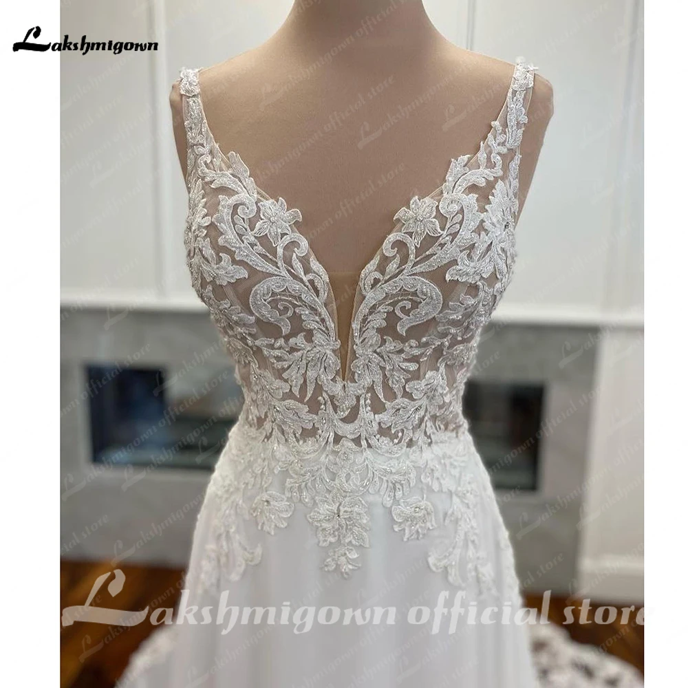 Gaun pernikahan sifon sipil mewah disesuaikan gaun pernikahan panjang Boho pengantin punggung terbuka gaun pernikahan renda applique leher V Vestido Boda