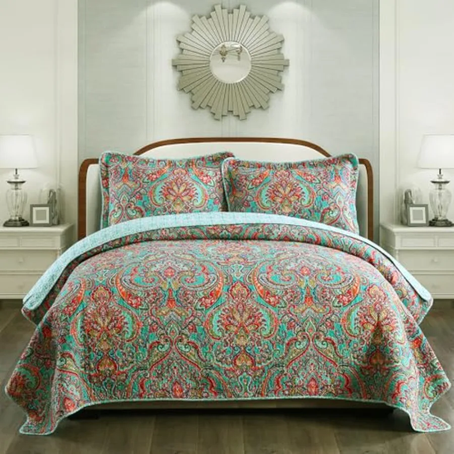 

Комплекты хлопковых покрывал-пледов - двусторонний комплект покрывал в стиле пэчворк с европейским роскошным цветочным узором, размер Queen