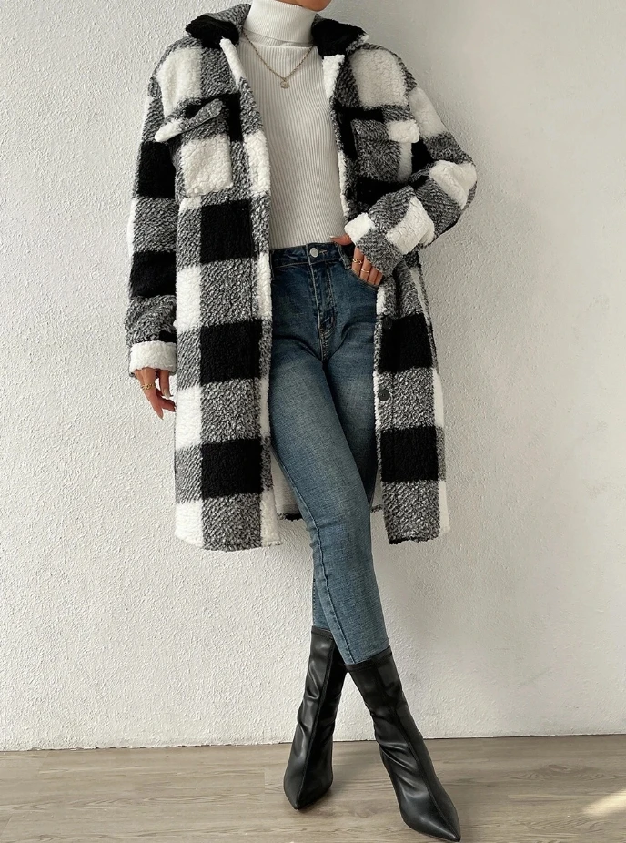 Cardigan 2023 Autumn Long Sleeved Open Buckle Collar Plush Plaid Coat Loose Temperament Commuter Longline Jacket Women Outerwear