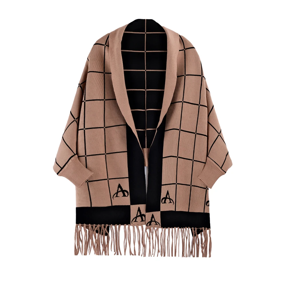 Europe Style Plaid Trendy Woolen Women\'s Plaid Cape Coat Open Front Blanket Shawls Wraps Sweater Poncho For Winter Cloak