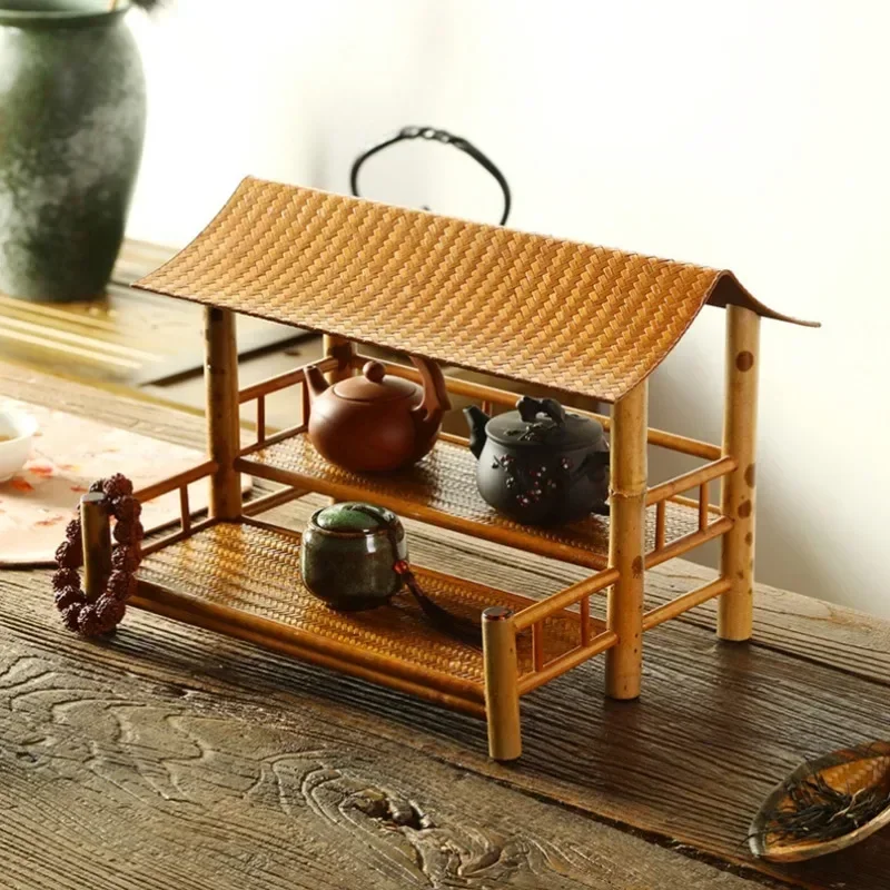 Traditional Chinese Tea House Display Retro Bamboo Small Table Tea Cup and Bogu Rack Four Cornered Pavilion Practical Home Decor