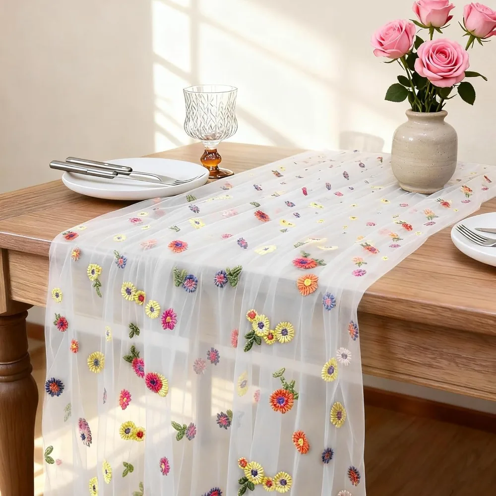 Hot Embroidery Daisy Table Runner Breathable Soft Tulle Table Runner Durable Kitchen Dining Table Decoration Holiday