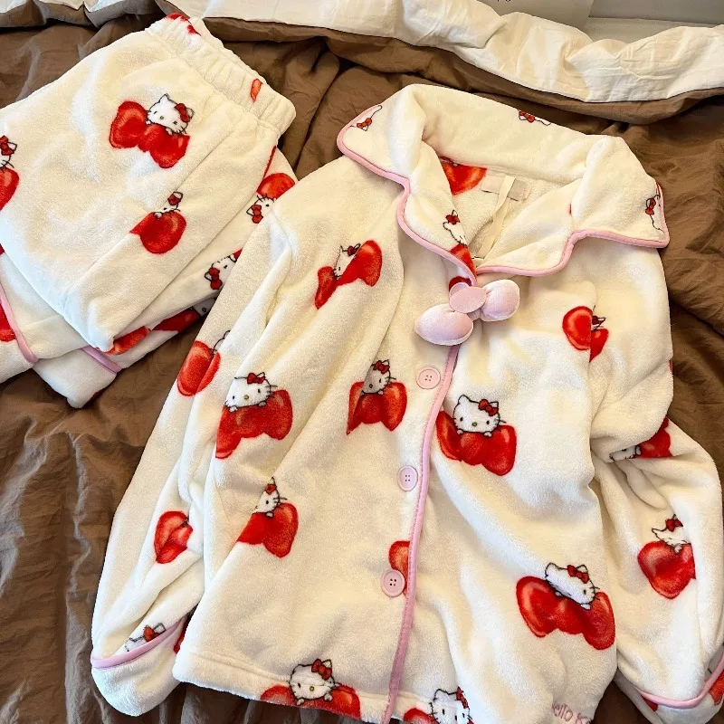 Moda Casual Able Semplice Dolce Carino Hello Kitty Pigiama di flanella Cartoon Girl Caldo e confortevole Set da indossare per la casa Autunno e inverno