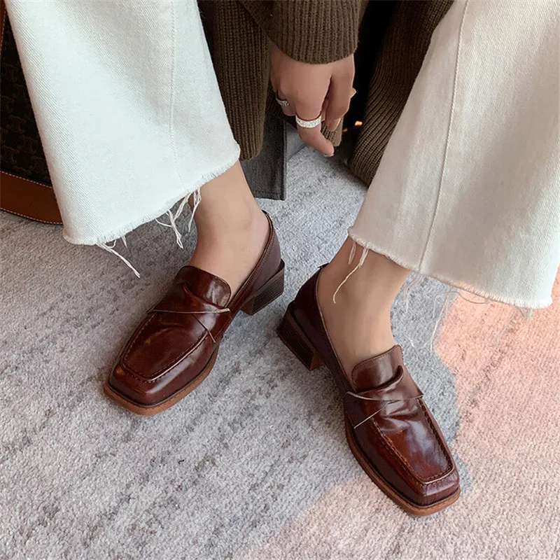 2023 New Autumn Genuine Leather Loafers Square Toe Chunky Heels Winter Women Pumps Shoes for Women Zaptos De Mujer Brown Shoes