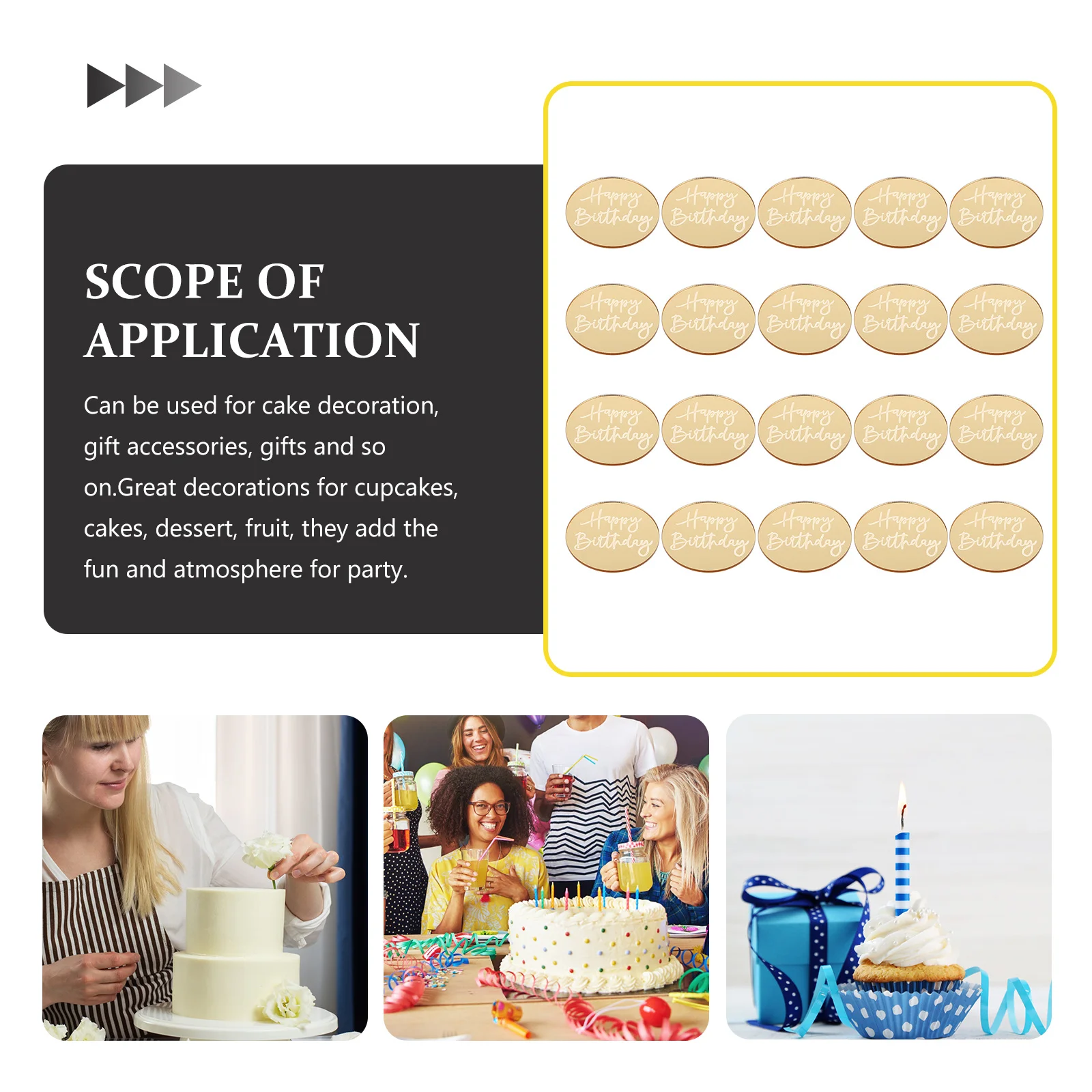 

20Pcs Birthday Cake Decoration Acrylic Engraved Round Cupcake Toppers Delicate Multi-Function Decorative Cake Supply