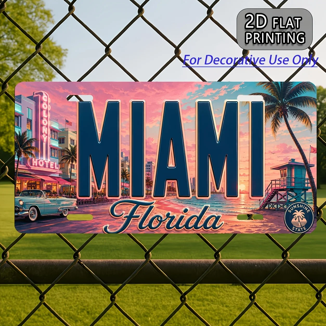 2D Flat, [2D Flat] 2D Flat, 1pc, Metal Aluminum Vintage License Plate Decorative Sign, Miami-themed, Suitable for Living Room, E