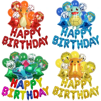 1 ชุด Pikachu Pokemon Theme ชุดบอลลูนแบนเนอร์วันเกิดแฮปปี้ฟอยล์ Globos สําหรับเด็กสาว Birthday Party Favors ตกแต่ง
