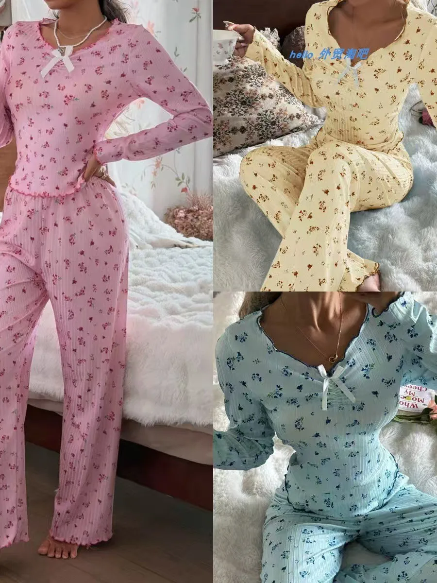 

New Printed Long Sleeve Top And Pants Set Home Clothes Long Pants V-neck Straight Leg Jumpsuit for Spring Autumn Home Wear