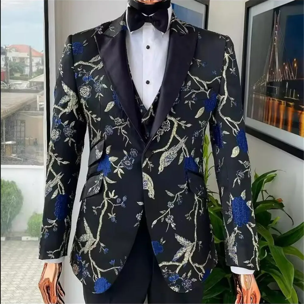 Jacquard Formal Suits For Men Wedding Raven And Forest Pattern Jacket 3 Piece Customized Groom Tuxedo (Blazer + Vest + Pants)