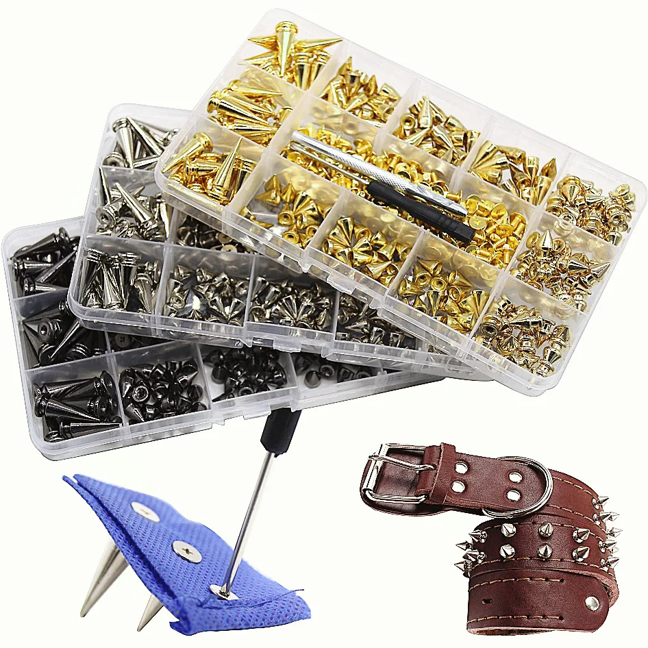 180/80 Sets Punk Rivet Screw Back Studs and Spikes Kit with Tools Leather Craft Bullet Cone DIY for Leather collar Bracelet