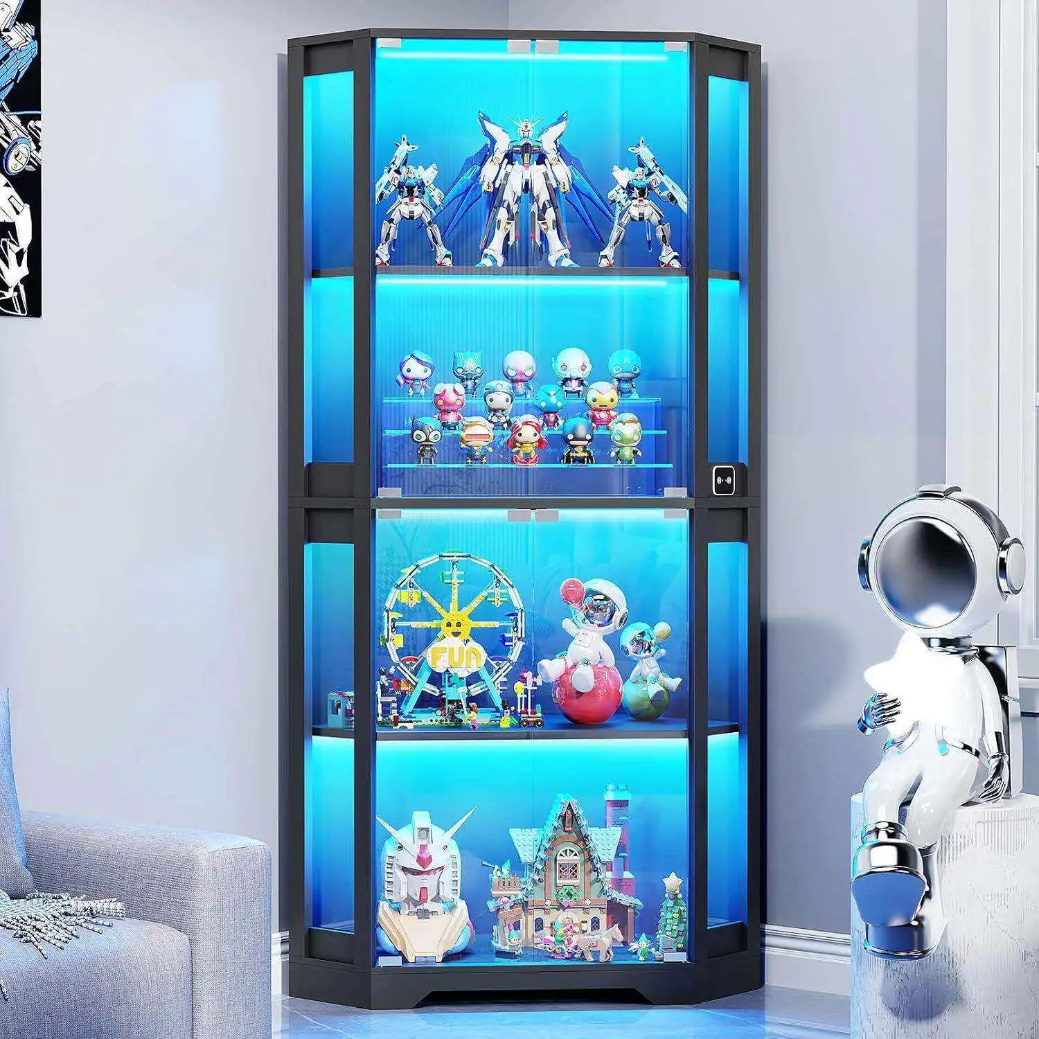 

165cm Corner Display Cabinet With Glass Doors Smart Human Sensor 3 Color Light Waterproof Dustproof Collectibles Display Shelf