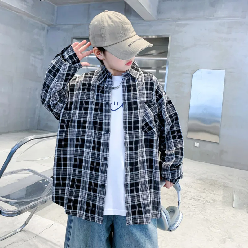 

2025 Boys Autumn Winter Korean Style Long Sleeve Plaid Black Shirt Children Kids Clothes Loose 6y-12y Tops Outfit Jacket Coat