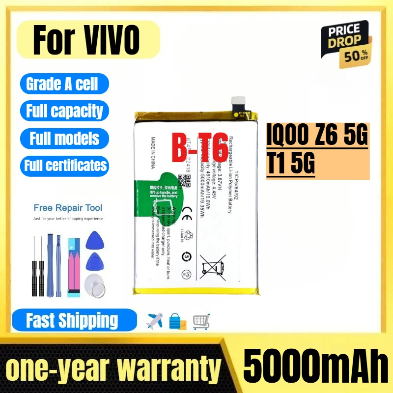 

B-T6 for VIVO IQOO Z6 5G/T1 5G Mobile Phone Battery High Quality High Capacity Replacement Bateria Grade A Cell with Tools
