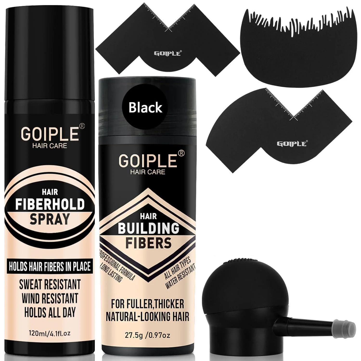 

GOIPLE 4-in-1 Hair Building Fibers Kit Keratin Thickening Fibers Fiberhold Spray Pump Applicator & Hairline Optimizer