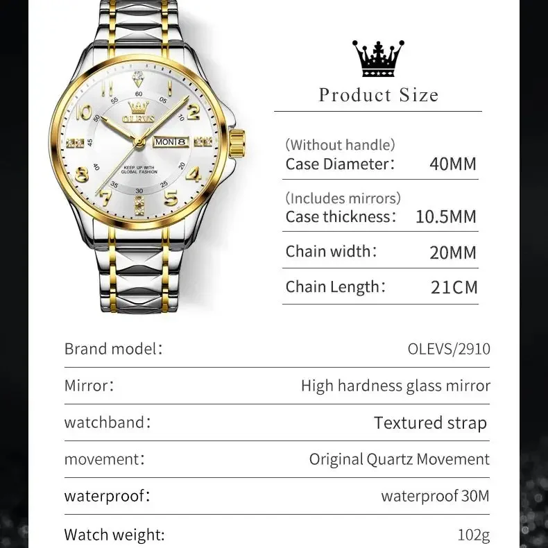 OLEVS 2910 ساعة كوارتز فاخرة للرجال الفولاذ المقاوم للصدأ مقاوم للماء تاريخ الرياضة الكلاسيكية عادية رجالي ساعات المعصم مضيئة Reloj