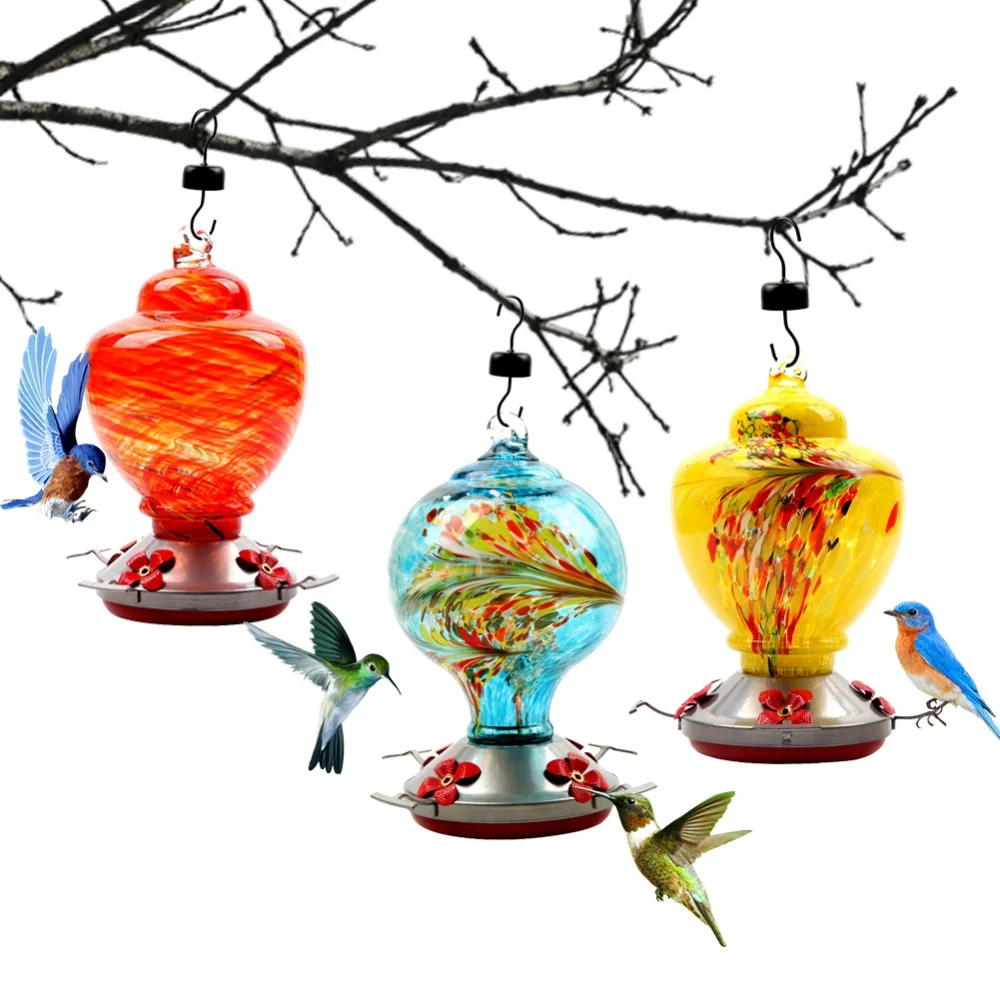 

Hummingbird Feeder for Outdoors Hanging Hand Blown Glass Bird Water Feeder with Hook Resting Perches Liquid Container Colorful