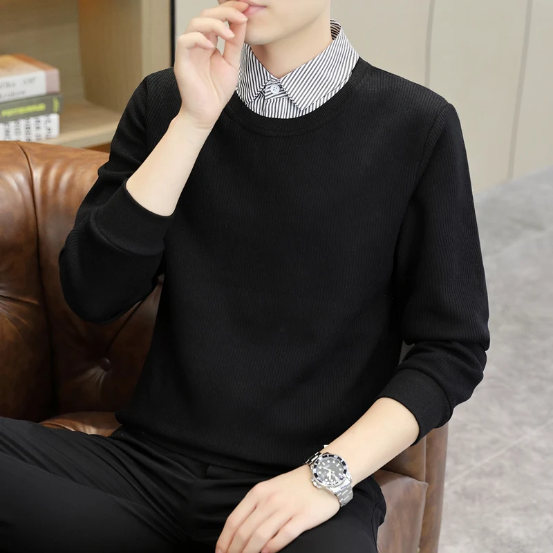 

Повседневный свитшот с воротником-стойкой, имитация двухслойности, мужская модная городская одежда, осенняя коллекция, молодежный стиль, полиэстер