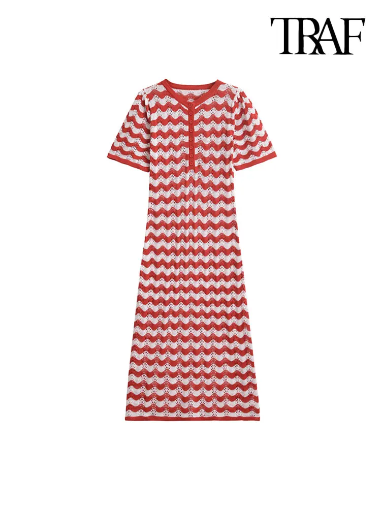 TRAF-Women's Striped Knit Midi Dress, O-Neck, Short Sleeve, Front Button, Female Dresses, Chic Fashion