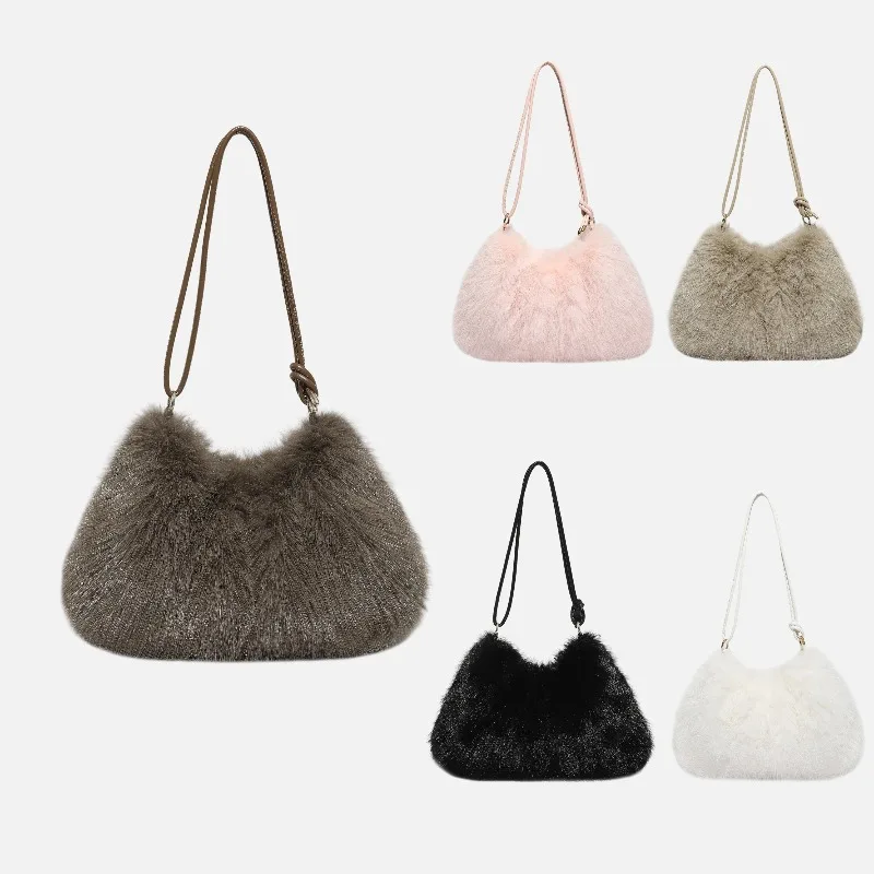 

2026 зимняя пушистая плюшевая сумка на одно плечо, модная однотонная плиссированная сумка через плечо из мягкого искусственного меха, женская ручная сумка