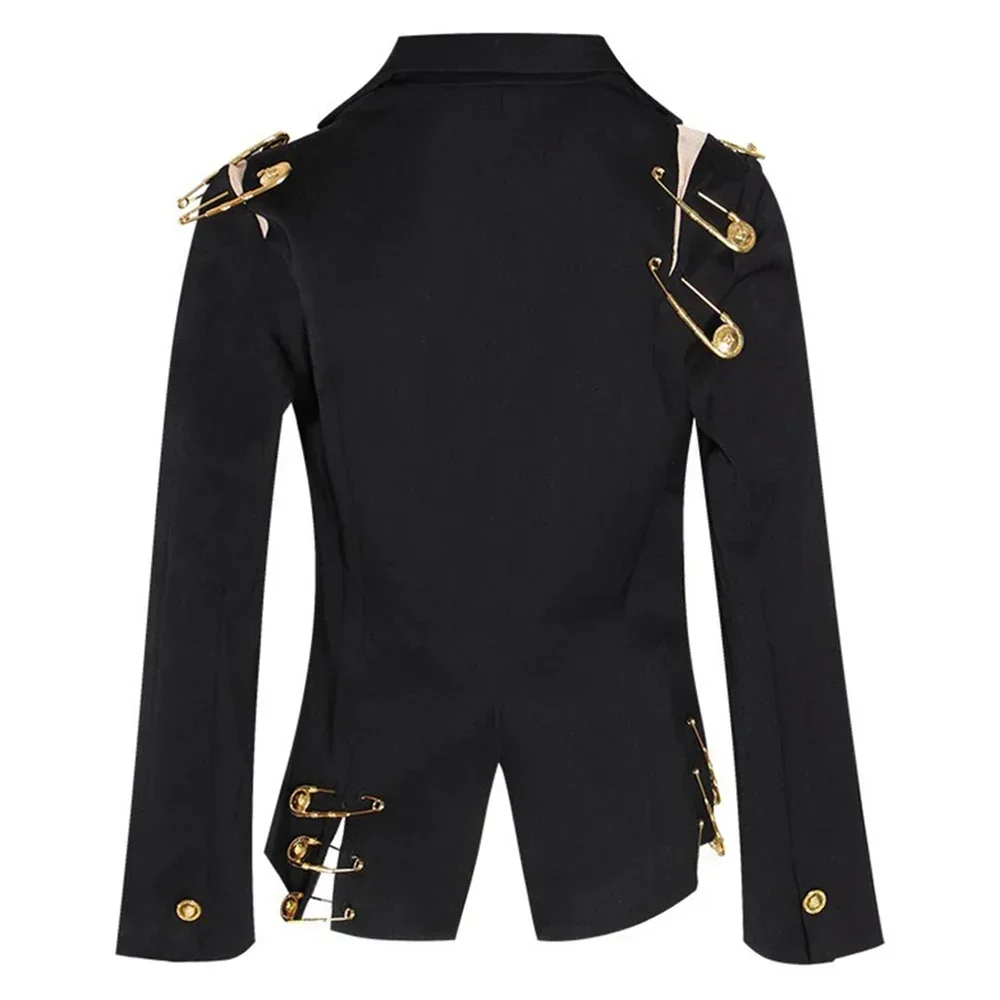 Women Notched Collar Long Sleeve Patchwork Mesh Hollow Out Fashion Jacket Female Chic Spliced Metal Pin Slimming Blazer for