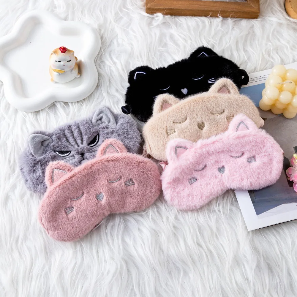 Ins Cute Cat Plush Sleep Mask for Women Cartoon Eye Blindfold Blackout Soft Non-Squeezing Eye Shade for Travel Nap Relax